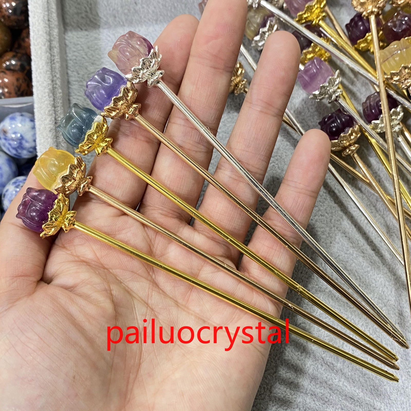 10pc Natural Fluorite Rose Hairpin Quartz Crystal Skull Reiki Healing Gem 5.3″