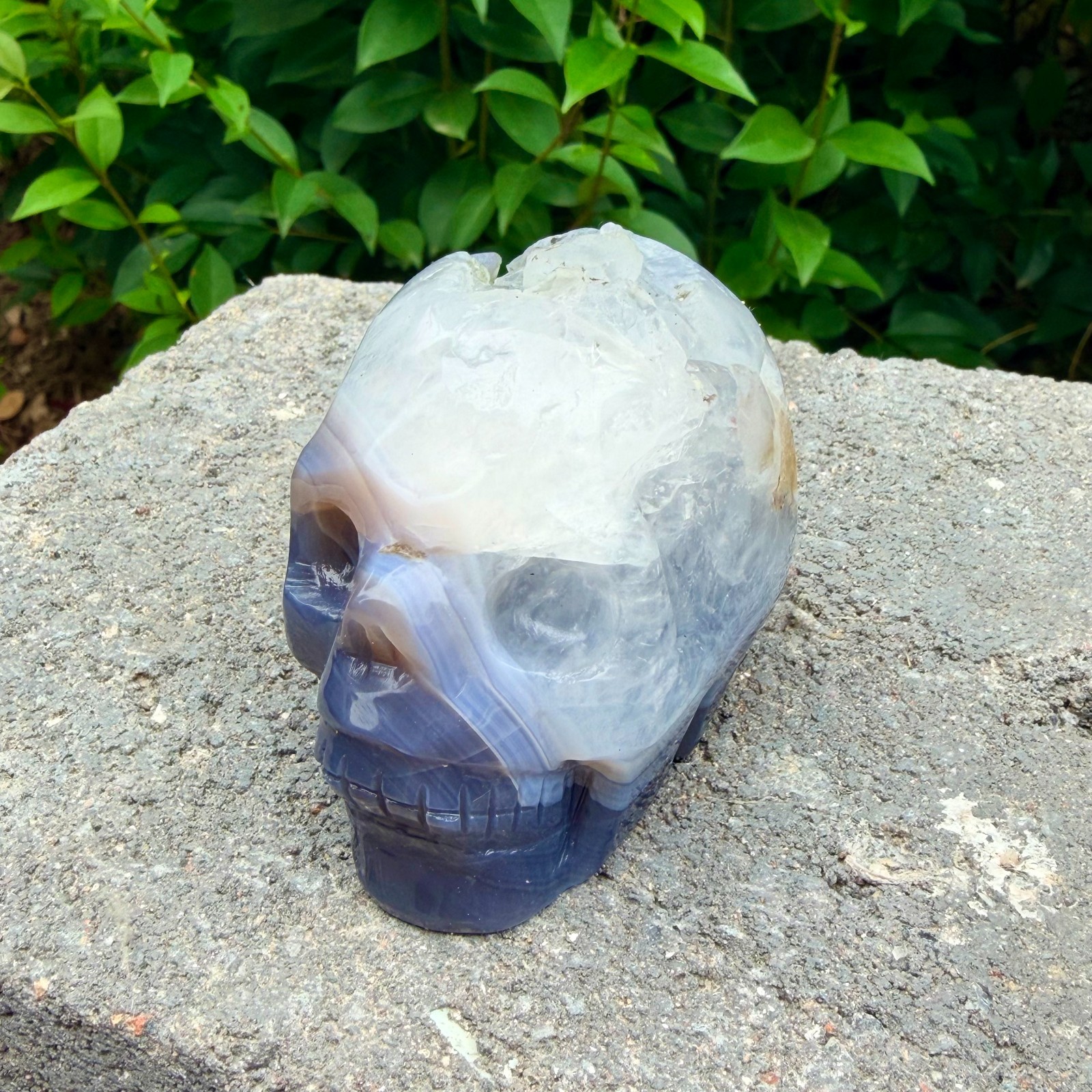 328g Amethyst agate crystal cave skull, Rare hand carved skull specimen
