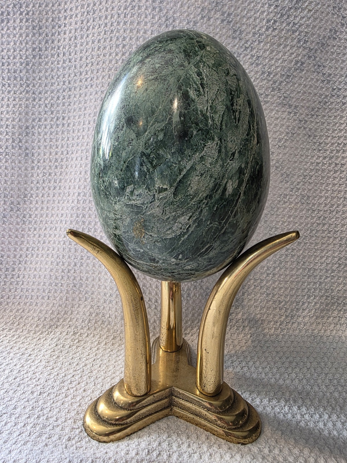 Large Late 20th Century Stone Egg w/ Brass Stand, Heavy Unique Paperweight