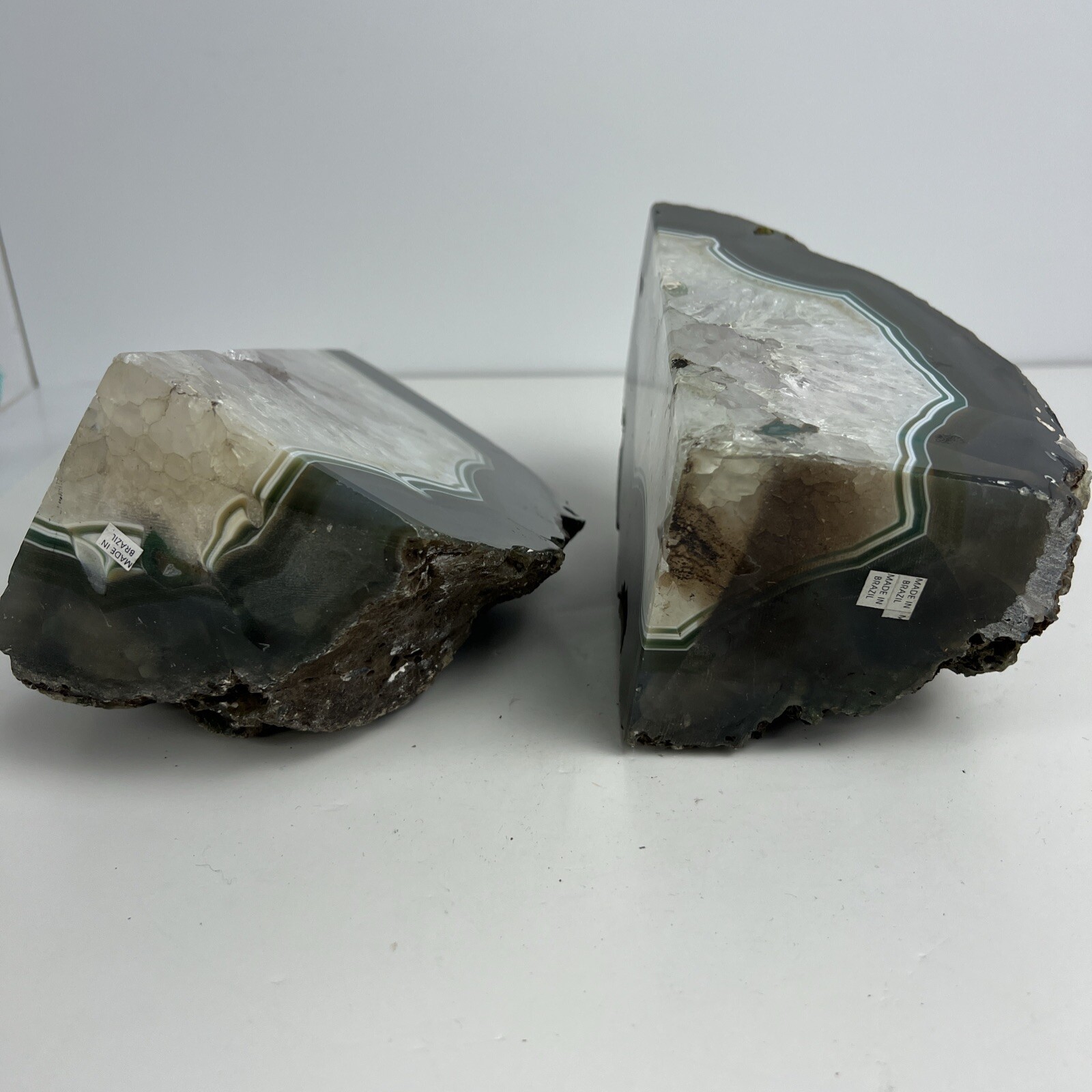 Geode Vibrant Beautiful Brazilian White Green Brown Agate Geode Bookends Rare