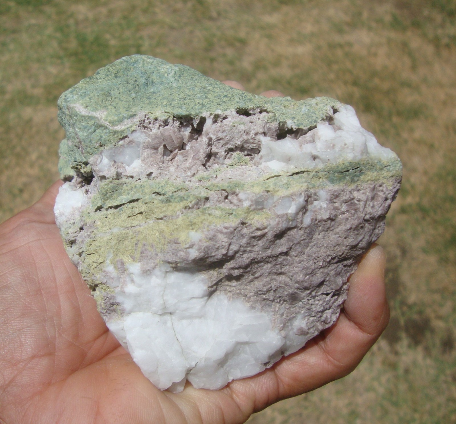 Light purple Axinite, green Epidote, and white Quartz, Stanislaus Co., CA