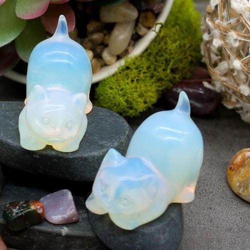 Opalite Crystal Cat Carving Stone Healing Protection Trinket Cat Lover Tier Gift