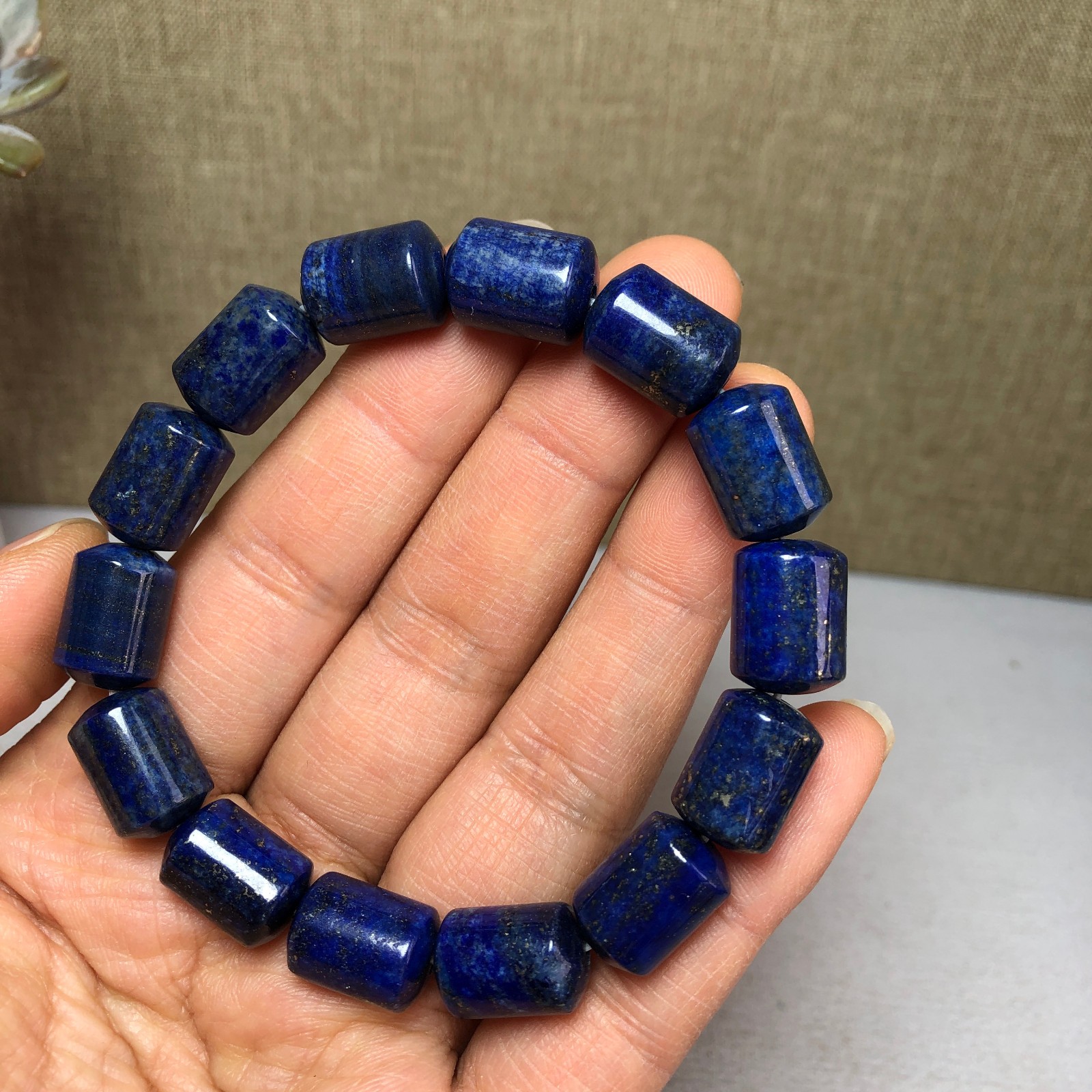 Natural lapis lazuli Bracelet Brown Gemstone Stretch Bucket bead Handmade A3703