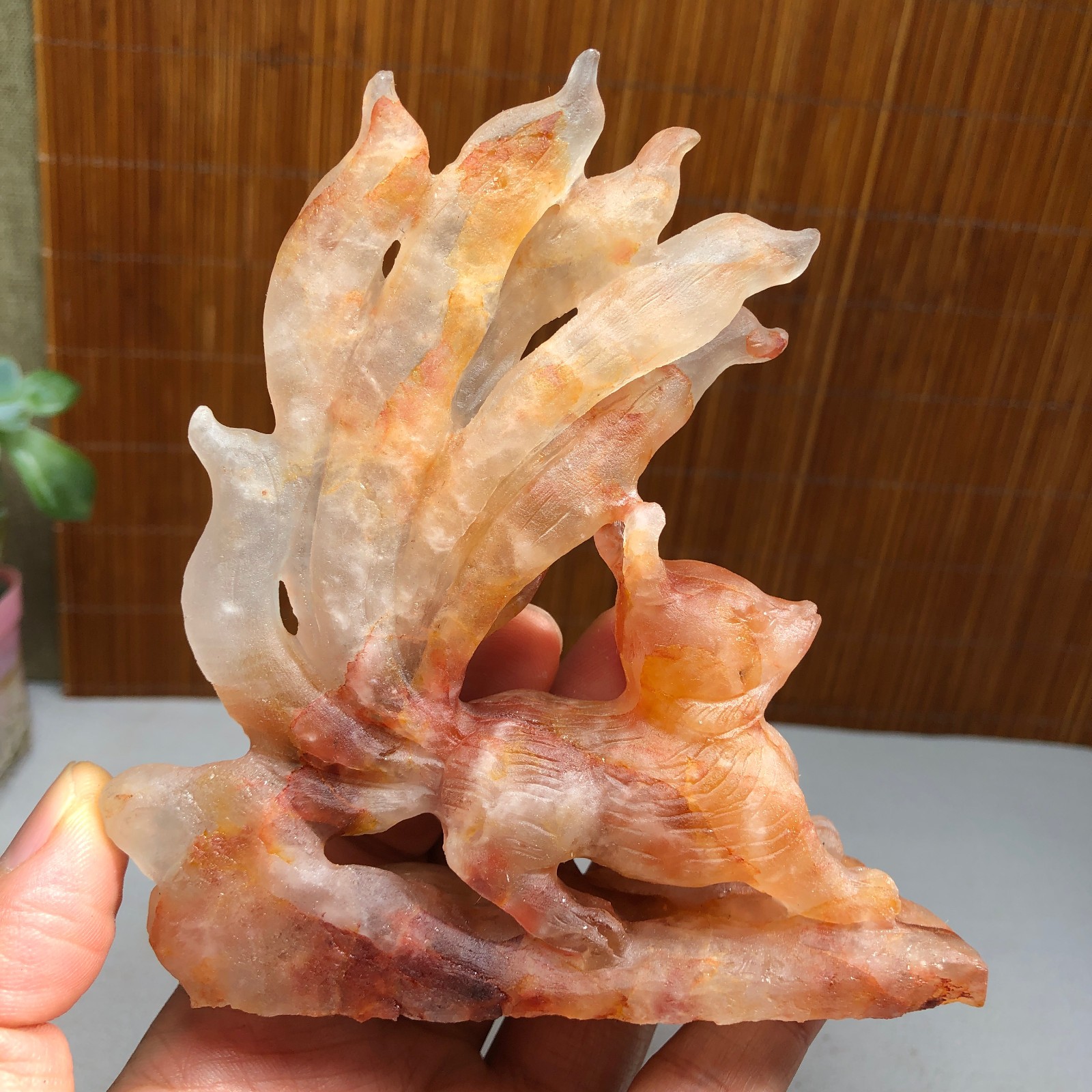 Natural Red gum flower Crystal carved Nine Tailed Fox rough specimens 189g A1801
