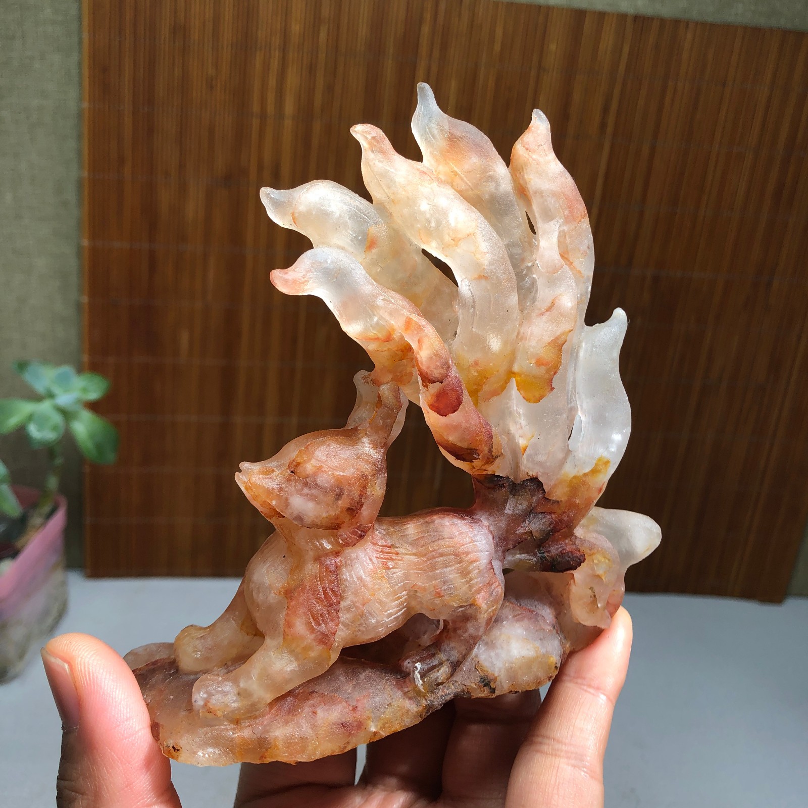 Natural Red gum flower Crystal carved Nine Tailed Fox rough specimens 189g A1801