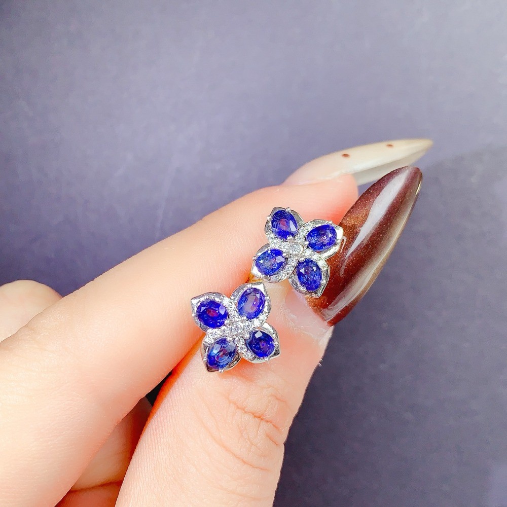 Natural sapphire Stud Earrings Gemstone Jewelry S925 Silver Plated18K Gold Gift