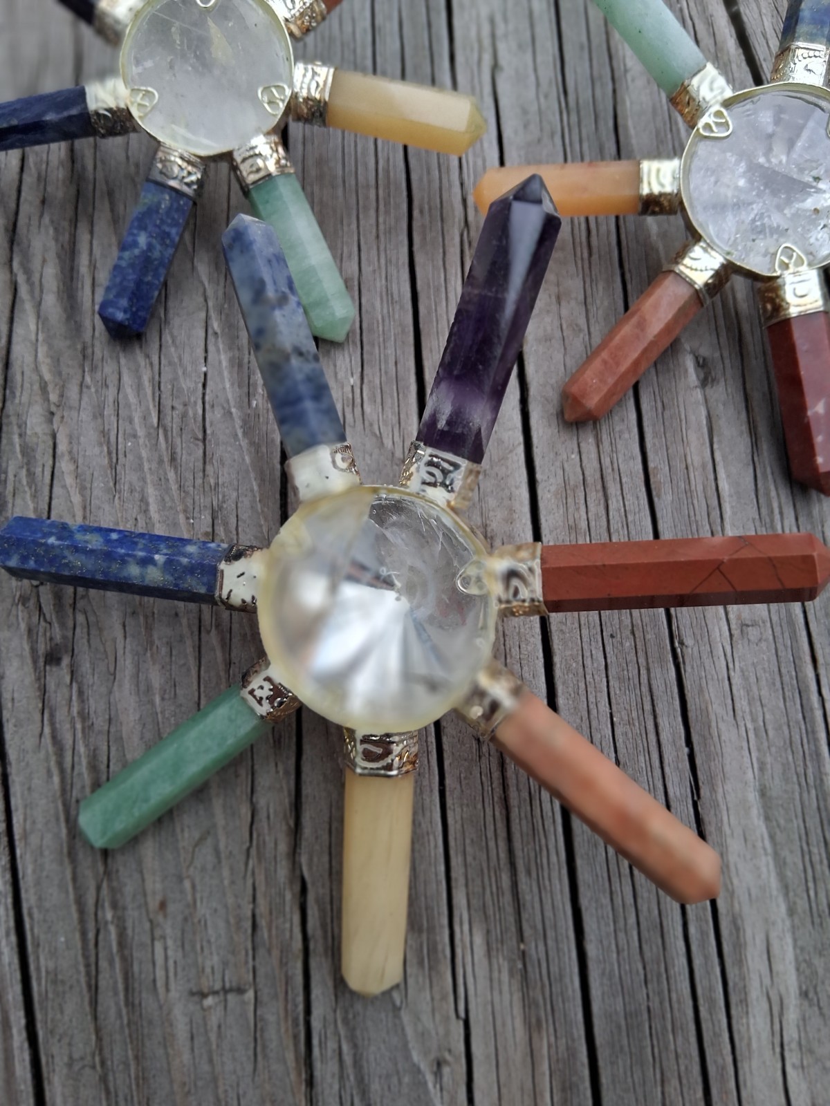 7 Chakra Stones w. Energy Focusing Center Crystal Cone Silver Band Set Of 3