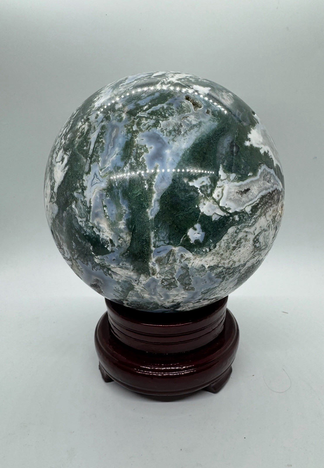 11 pound Polished Moss Agate Green White Crystal Sphere with Wooden Stand