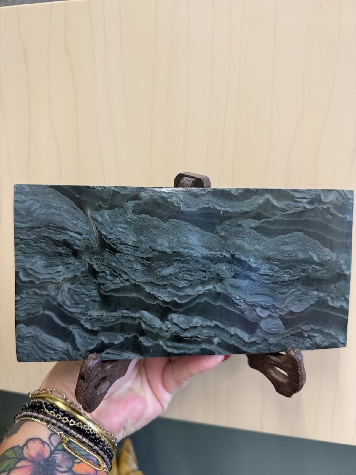 Green Wave Jade Slab With Wooden Stand