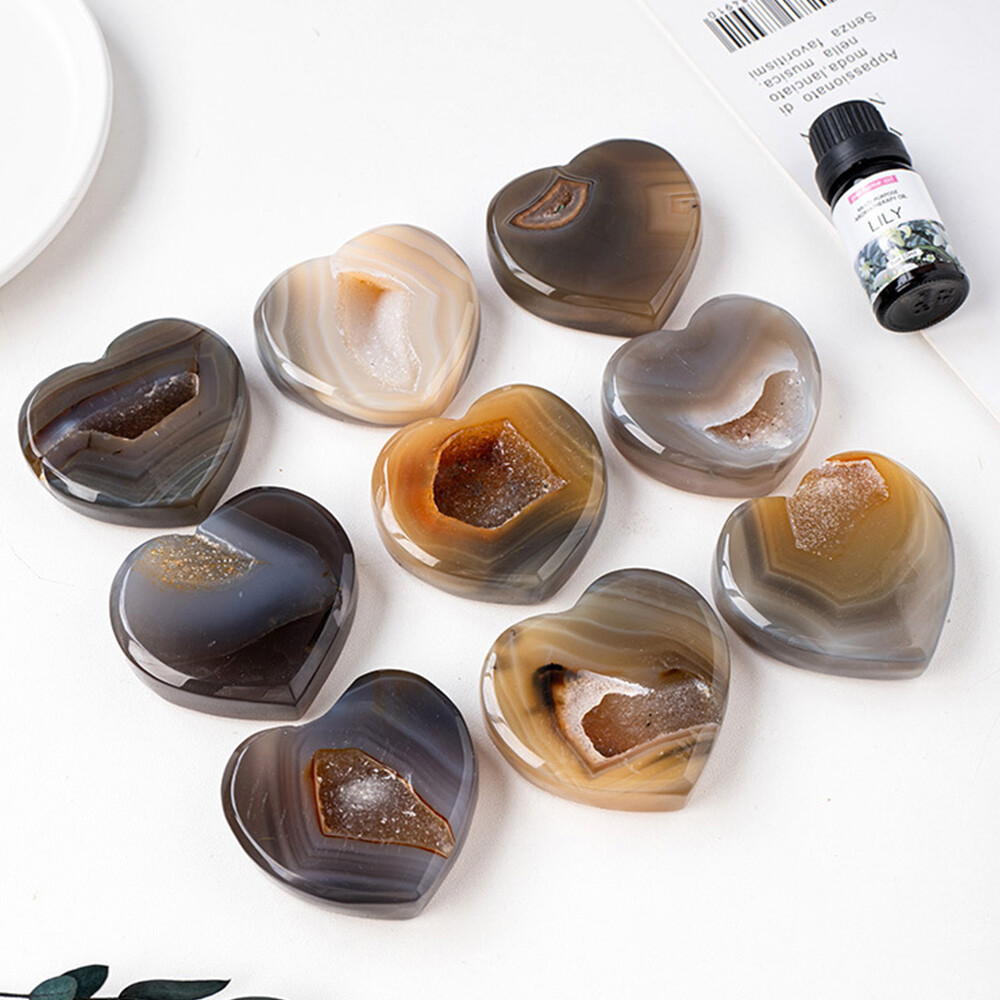 1pc Random Heart Agate Carved Geode Hole Ore Quartz Crystal Reiki Healing Skull