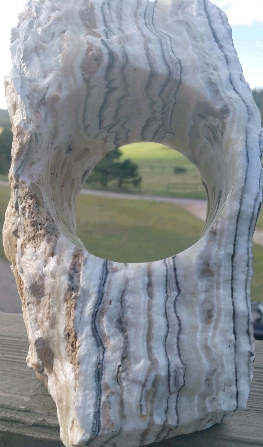 13.25Lb Zebra Calcite W CORED 4″ “Window” Display UV+ Bands Wrap Unique Décor
