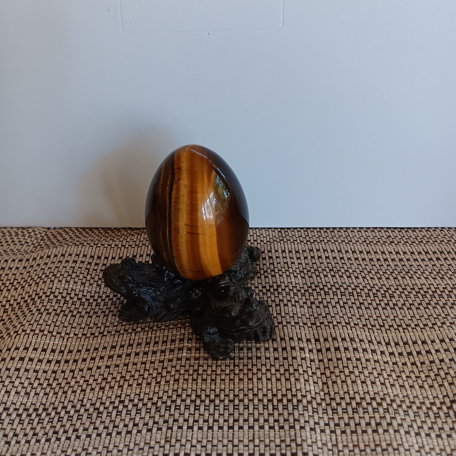 polished golden tiger eye Egg Gemstone Stand is Metal Mom & Baby Tripod Frogs 3″