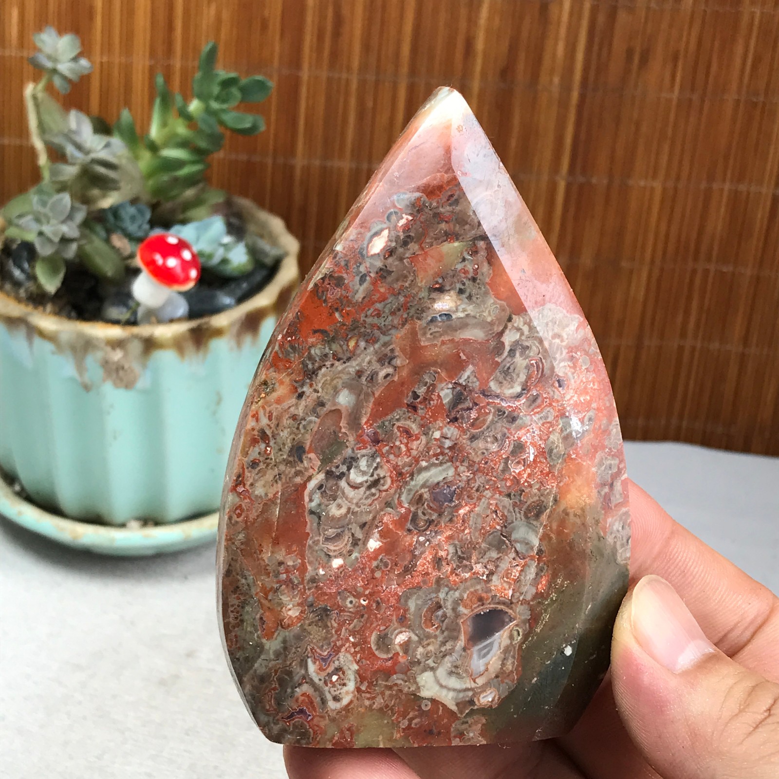 Natural money Mexico agate hand carve leaf Crystal Specimen free standing A6274