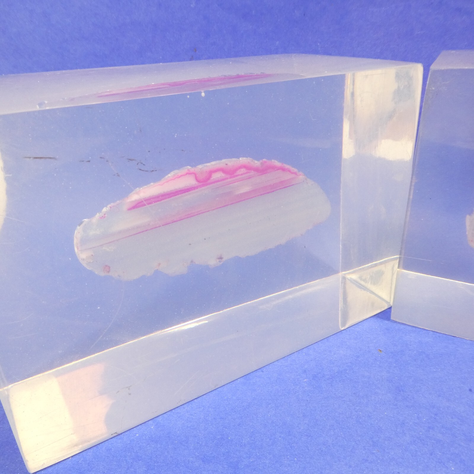 Bookends Pair Vintage Pink Agate Geode Slice in Clear Lucite Acrylic Block