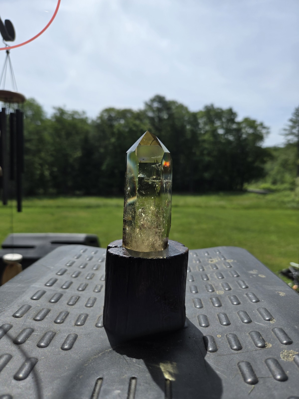 Large Natural Citrine Tower Point with Golden Inclusions on Wood Stand