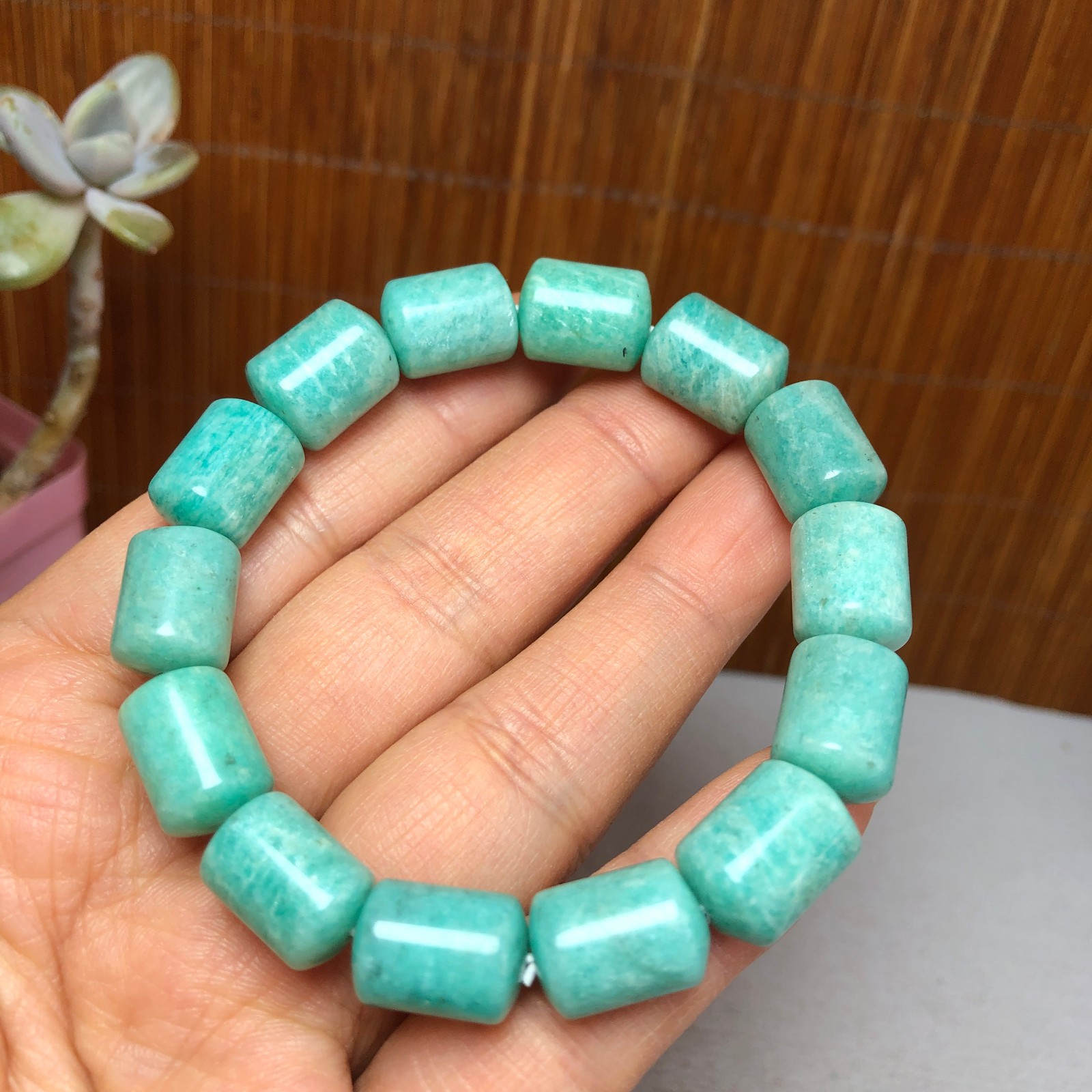Natural amazon stone Bracelet Brown Gemstone Stretch Bucket bead Handmade A3700