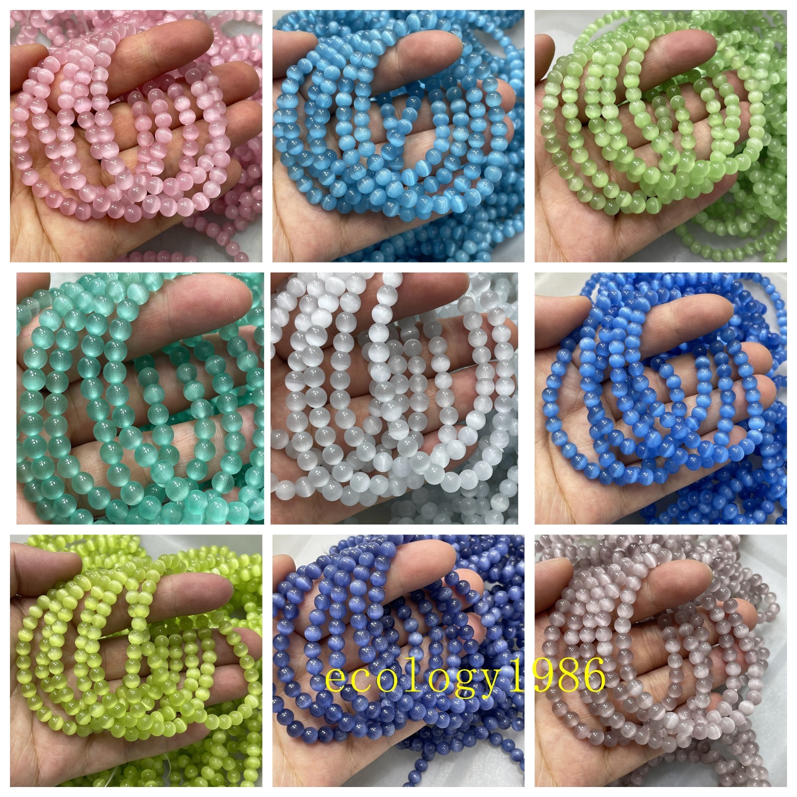 A Wholesale 9 Pcs mixed glass Cat’s Eye beads 6mm 7.5″ crystal Stretch Bracelet