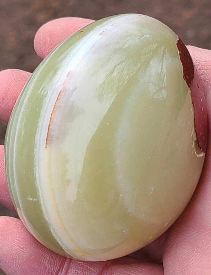 Green Onyx Egg Stone with brown marking. The egg is ~2-3/8″ long and 2″ wide.