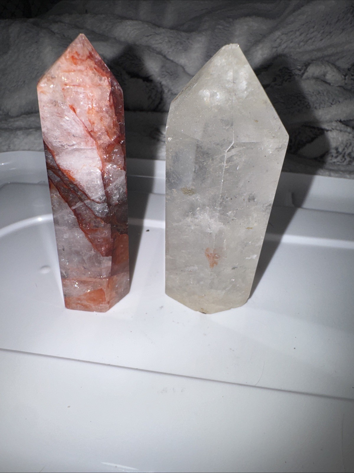 Imperfect Tower Duo. Fire Quartz And Quartz With Fire And Epidote Inclusion