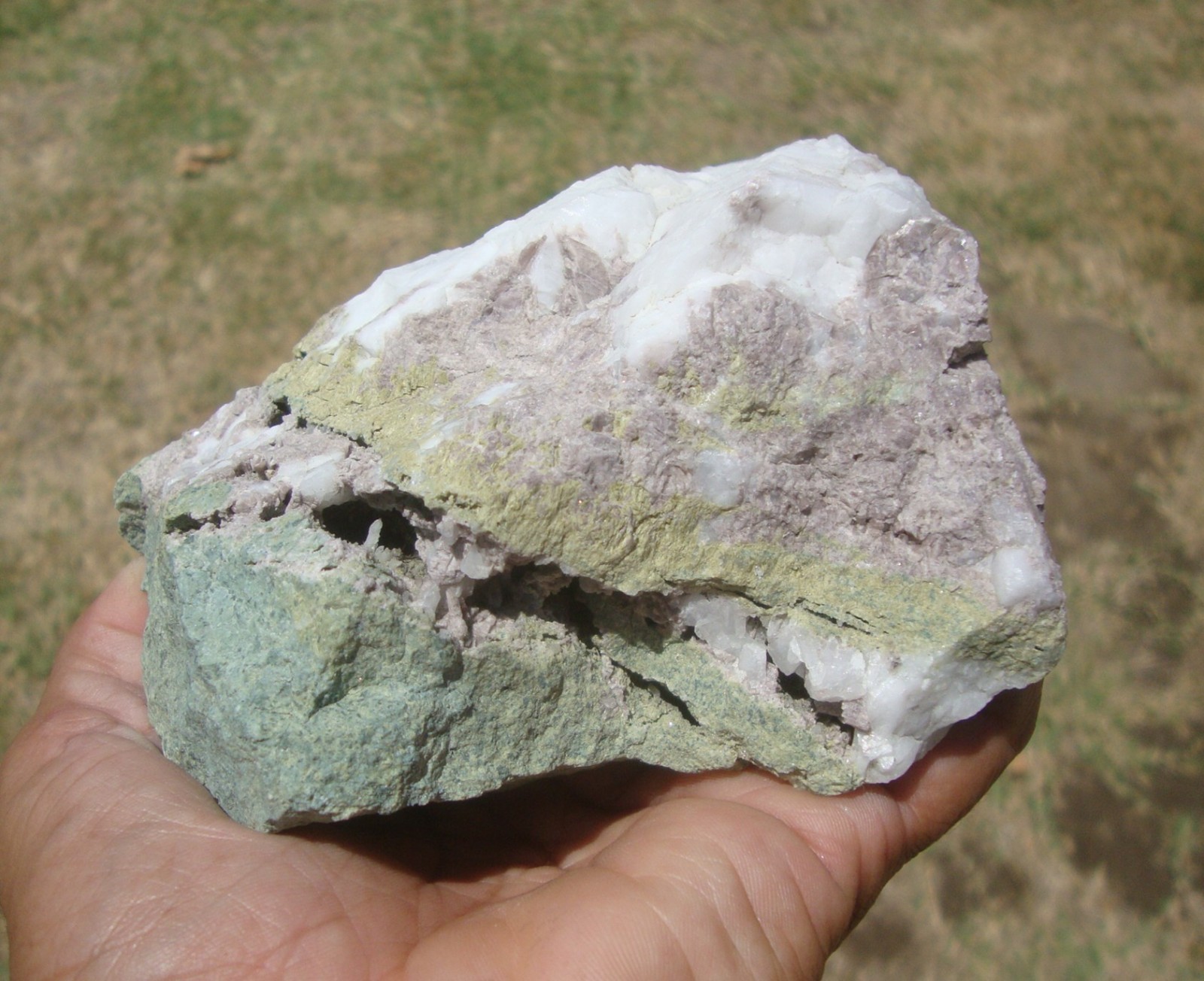 Light purple Axinite, green Epidote, and white Quartz, Stanislaus Co., CA