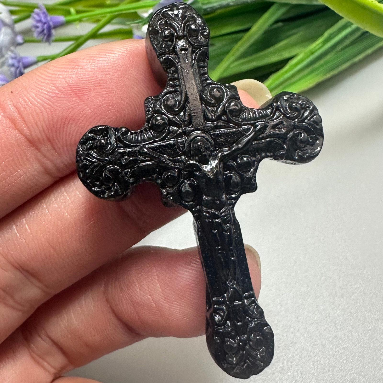 Natural Silver Obsidian Christianity Cross Quartz Jesus Crystal Reiki Healing 1P