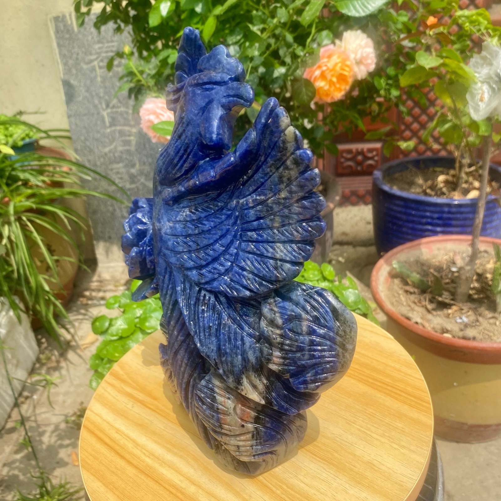 7.71LB Natural Blue Vein Stone Phoenix Carving, Home Decoration