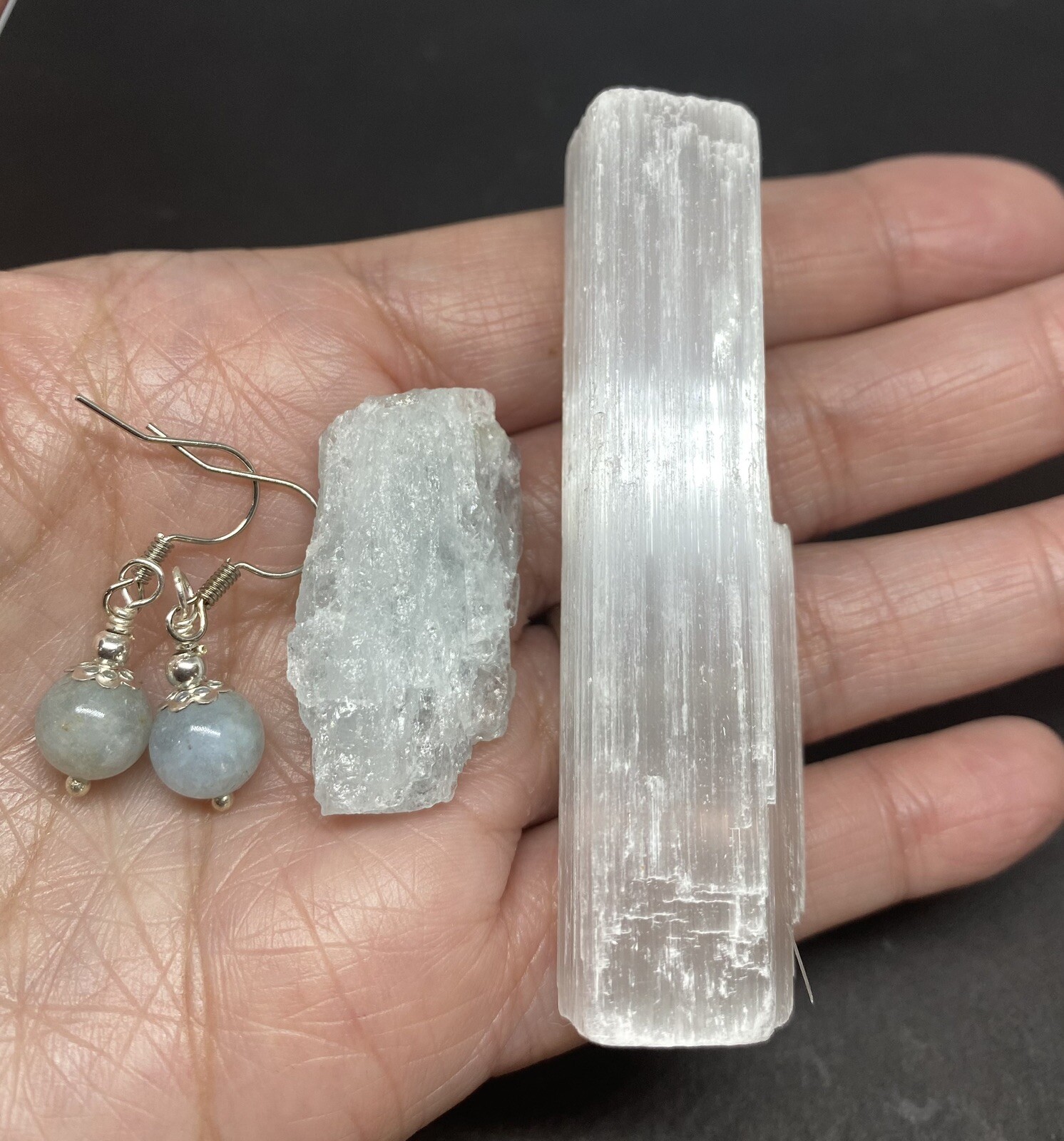 Aquamarine Genuine Rough Crystal (1 1/2in) Earrings, & Selenite Stick Set
