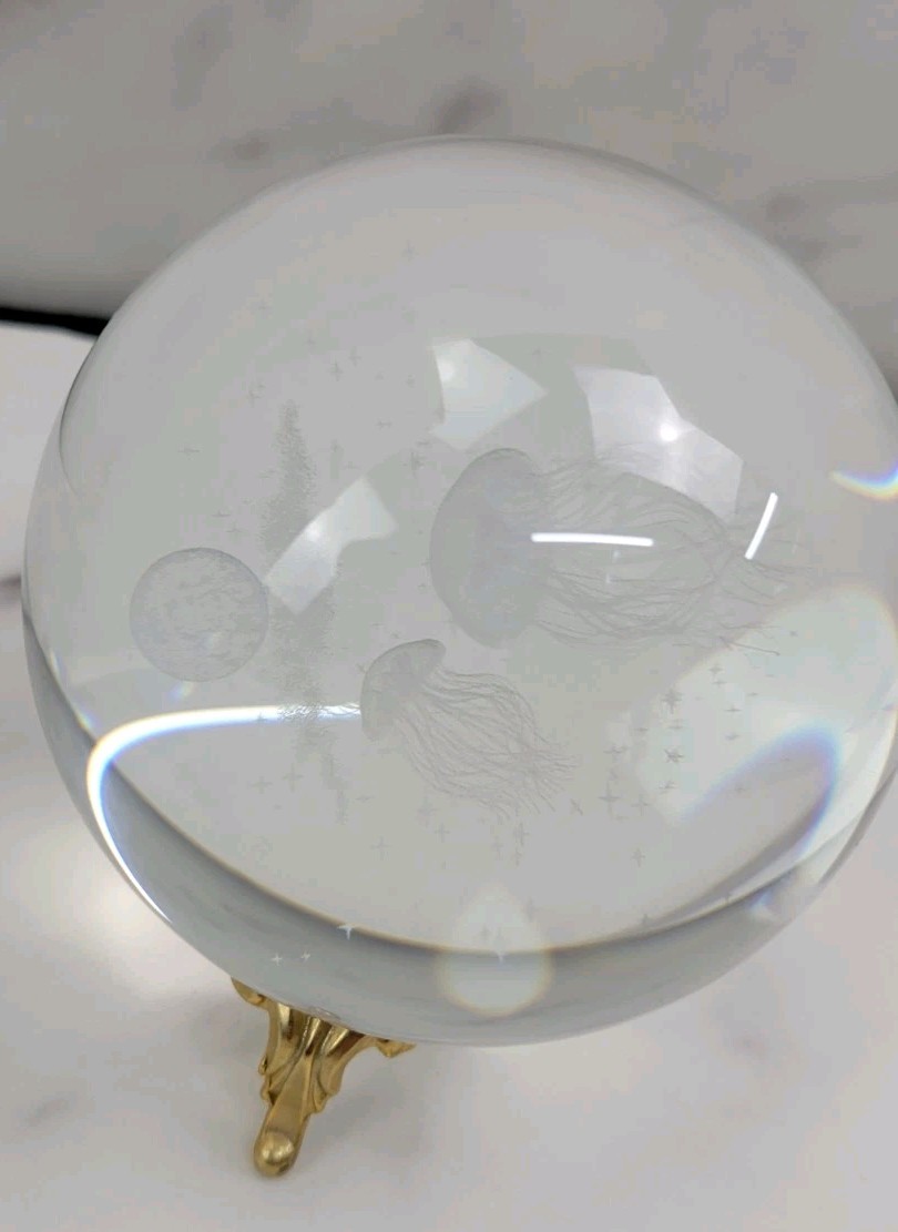 Jellyfish Crystal Ball No Stand, 3D Laser Engraved Glass Sphere Decorative Ball