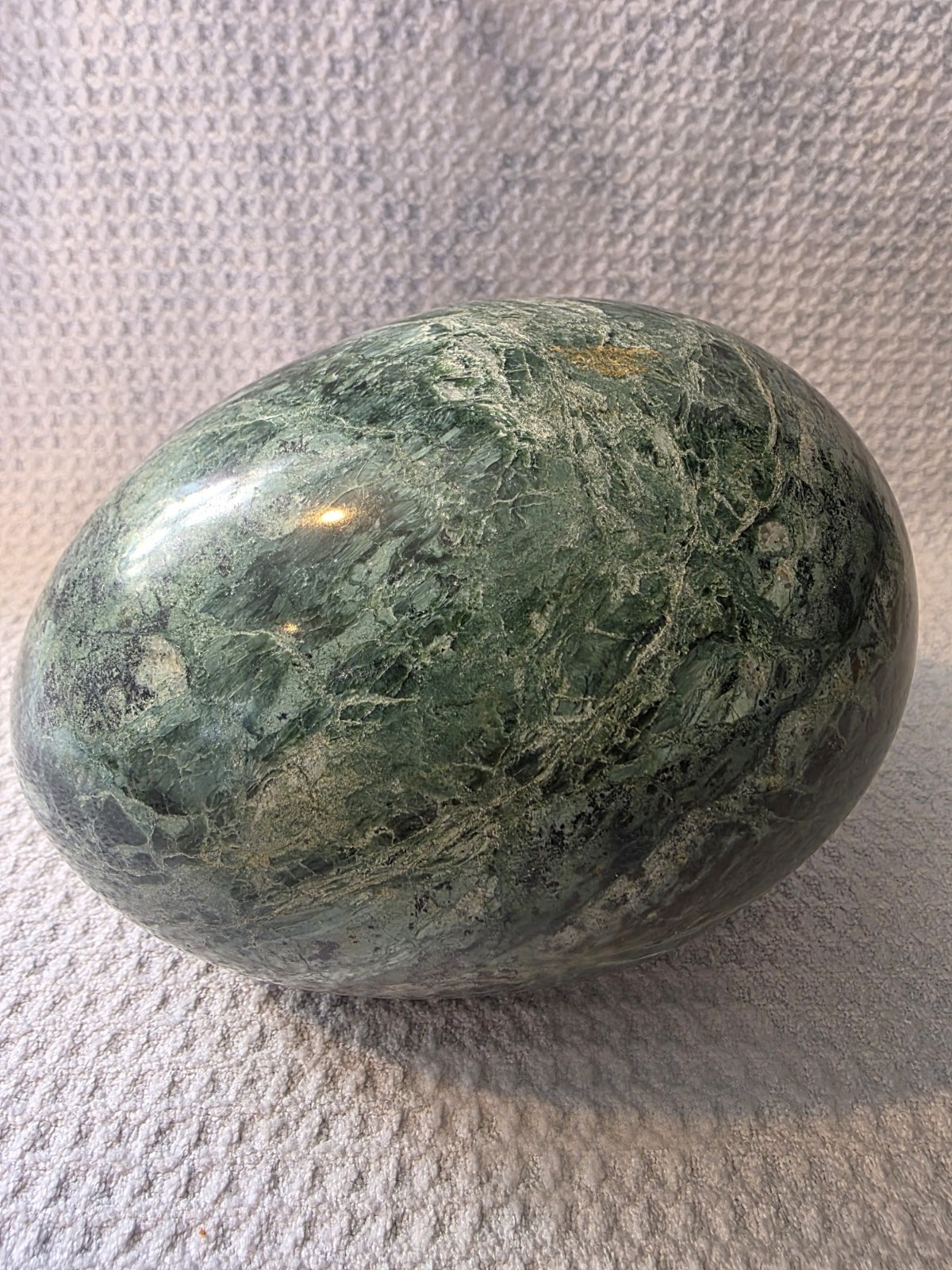 Large Late 20th Century Stone Egg w/ Brass Stand, Heavy Unique Paperweight