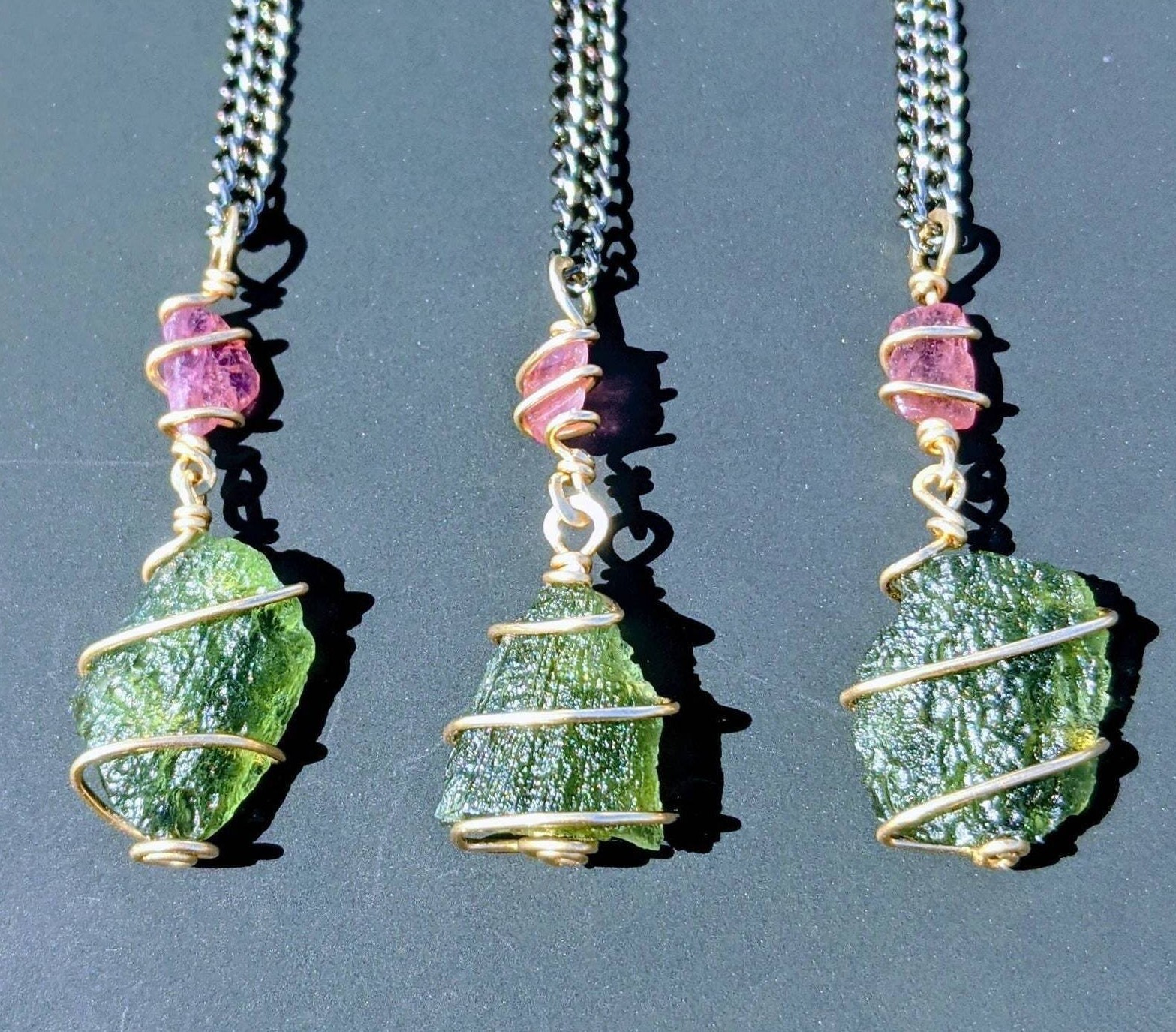 MOLDAVITE NECKLACE Pink Tourmaline 12kt Gold Certified Genuine Moldavite Pendant
