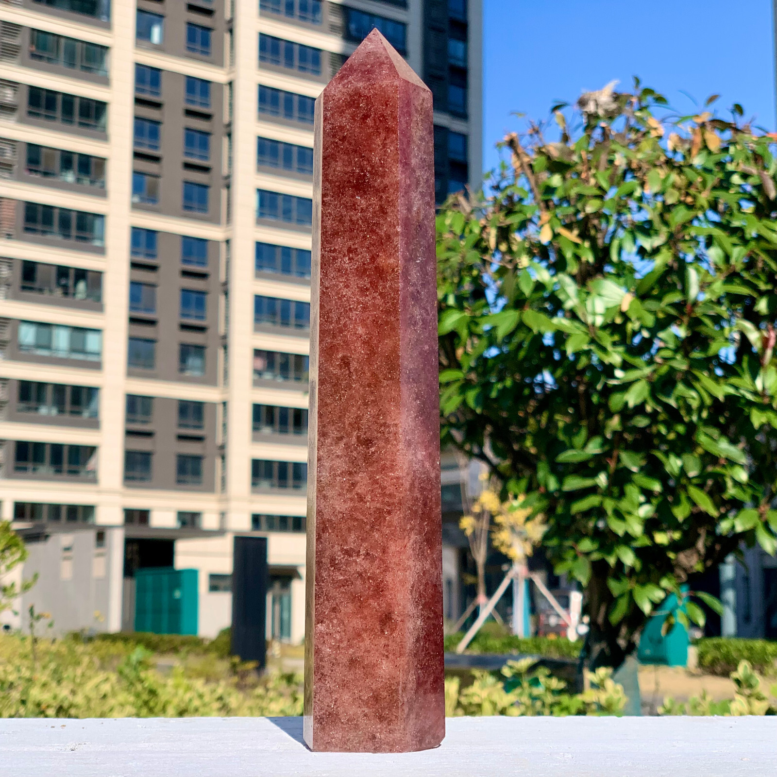 2.02LB Natural Large Strawberry Quartz Crystal Tower Point Obelisk Red Chakras