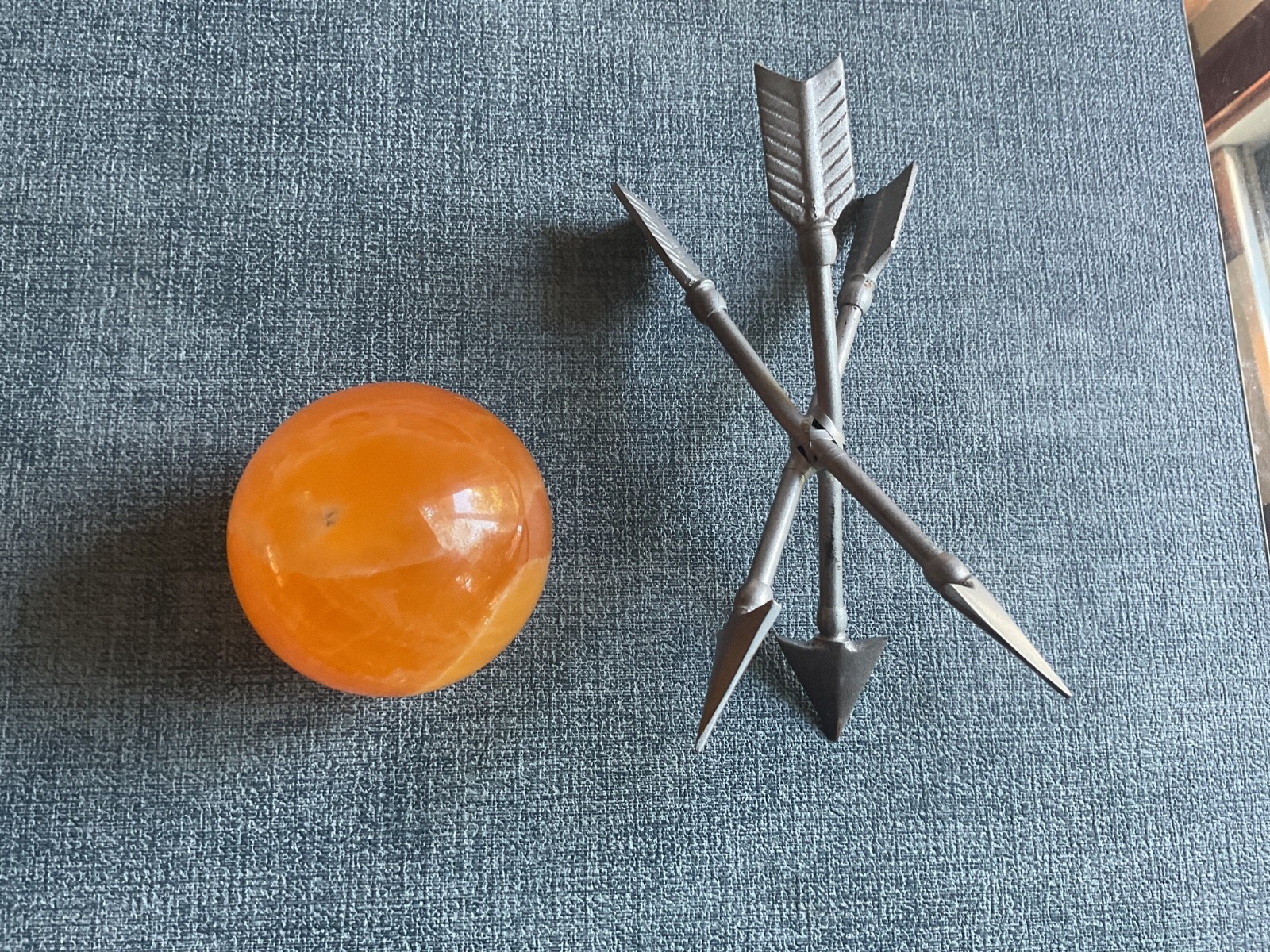 orange stone ball 3″ and arrow tripod stand pewter
