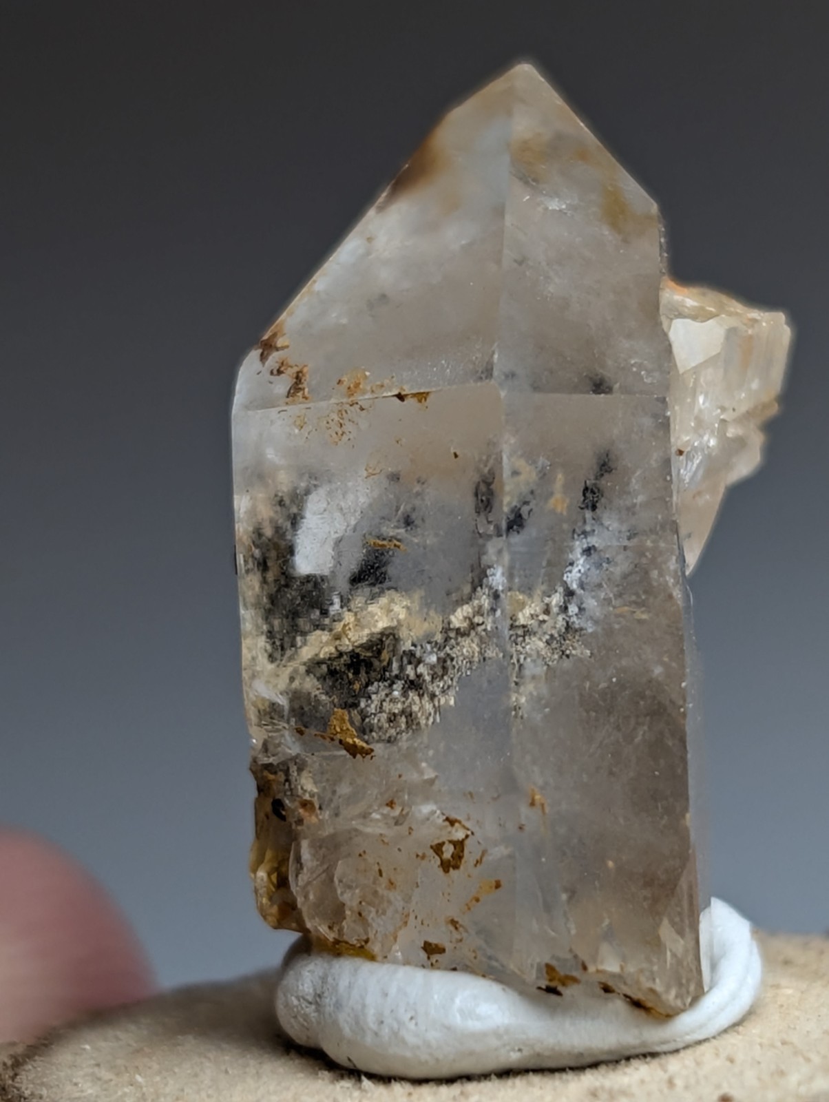 Nacrite + Manganese included Quartz Crystal Point, Arkansas, w/ wood base