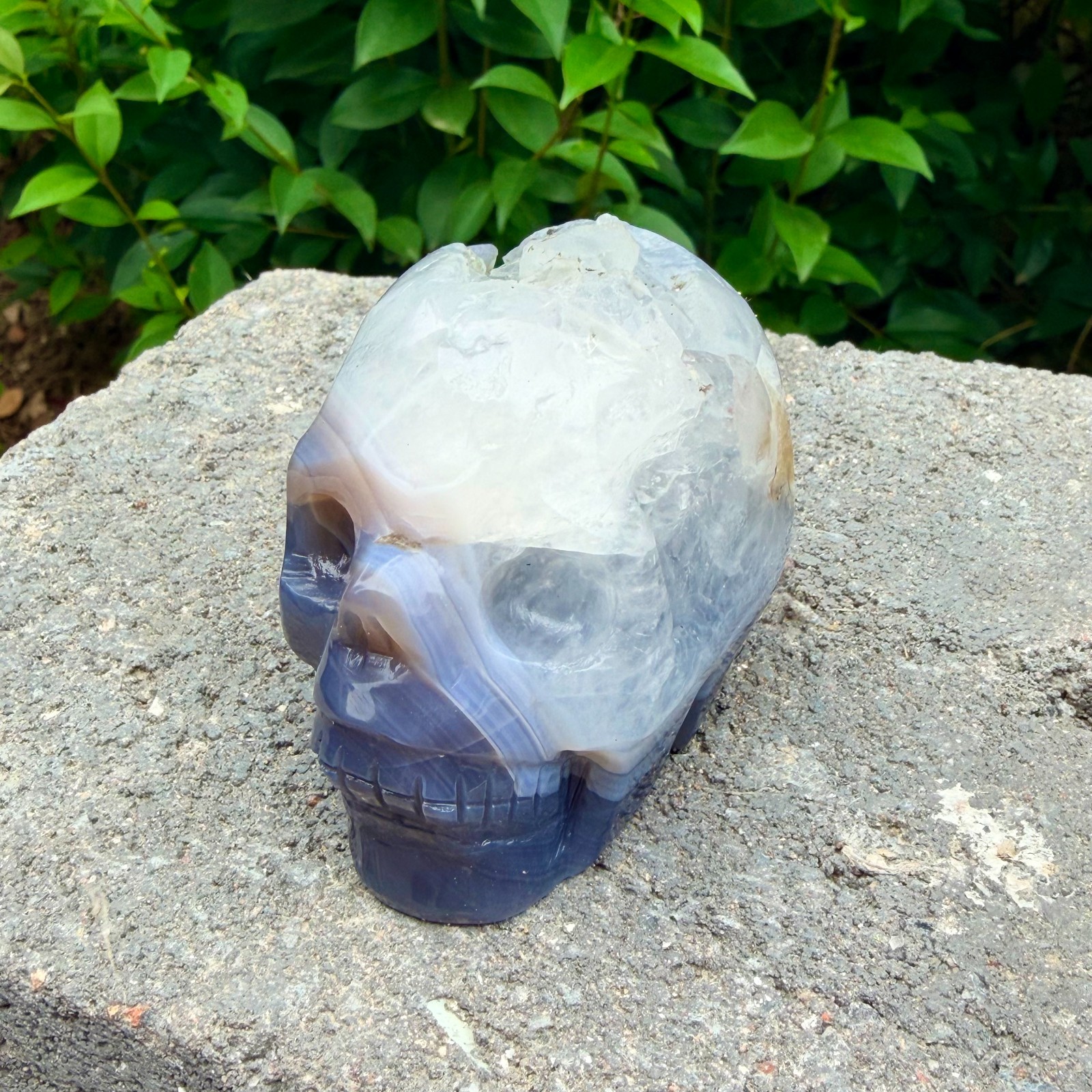 328g Amethyst agate crystal cave skull, Rare hand carved skull specimen