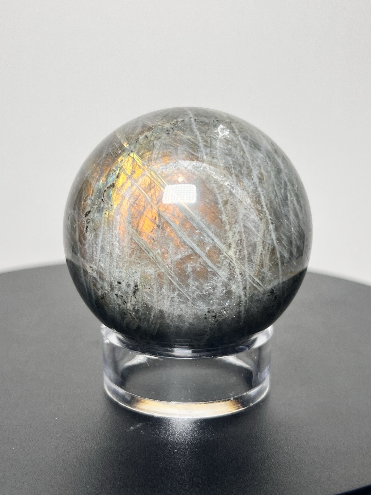 Labradorite 2 Piece Set w/Flash – Freeform & Sphere (63mm) w/holder