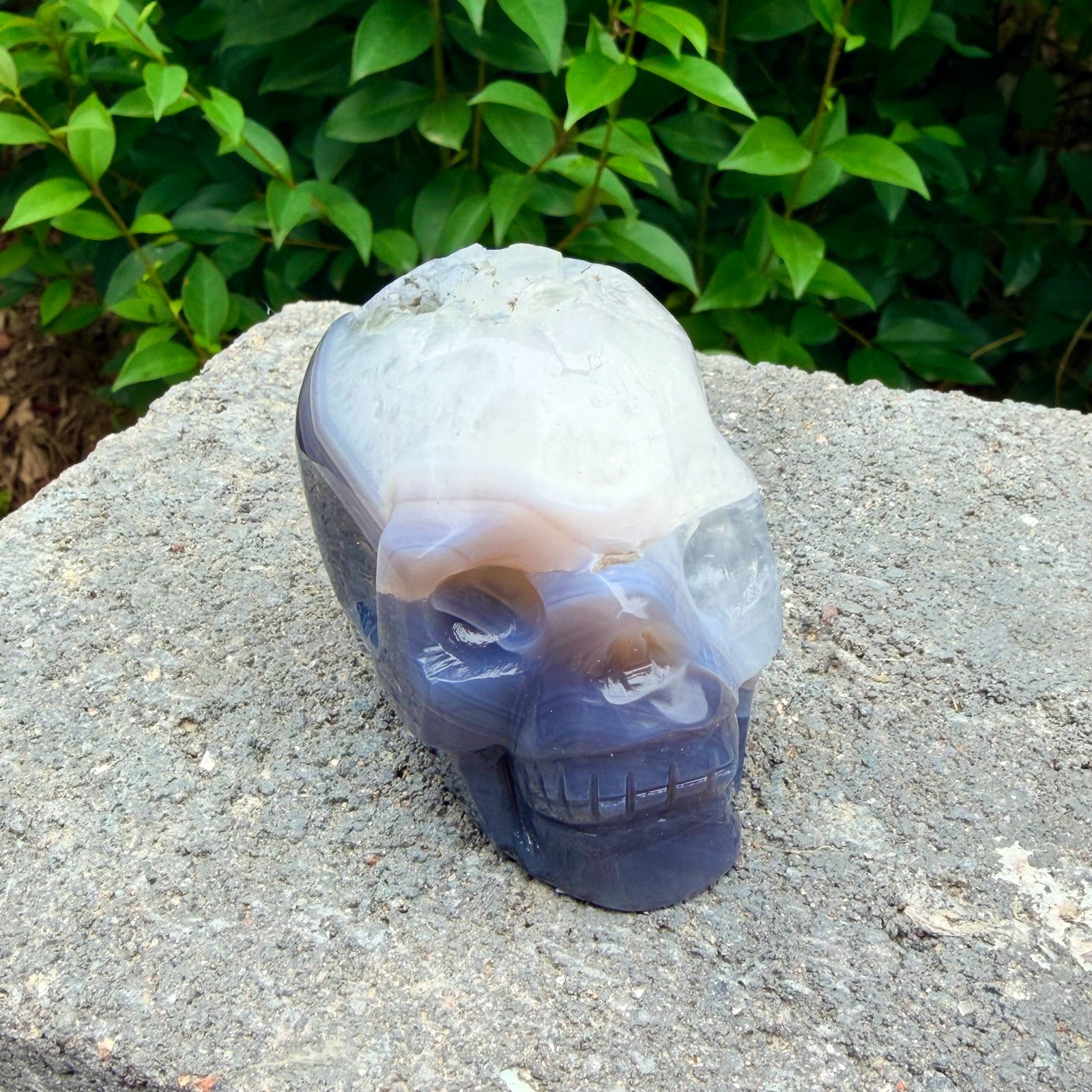 328g Amethyst agate crystal cave skull, Rare hand carved skull specimen