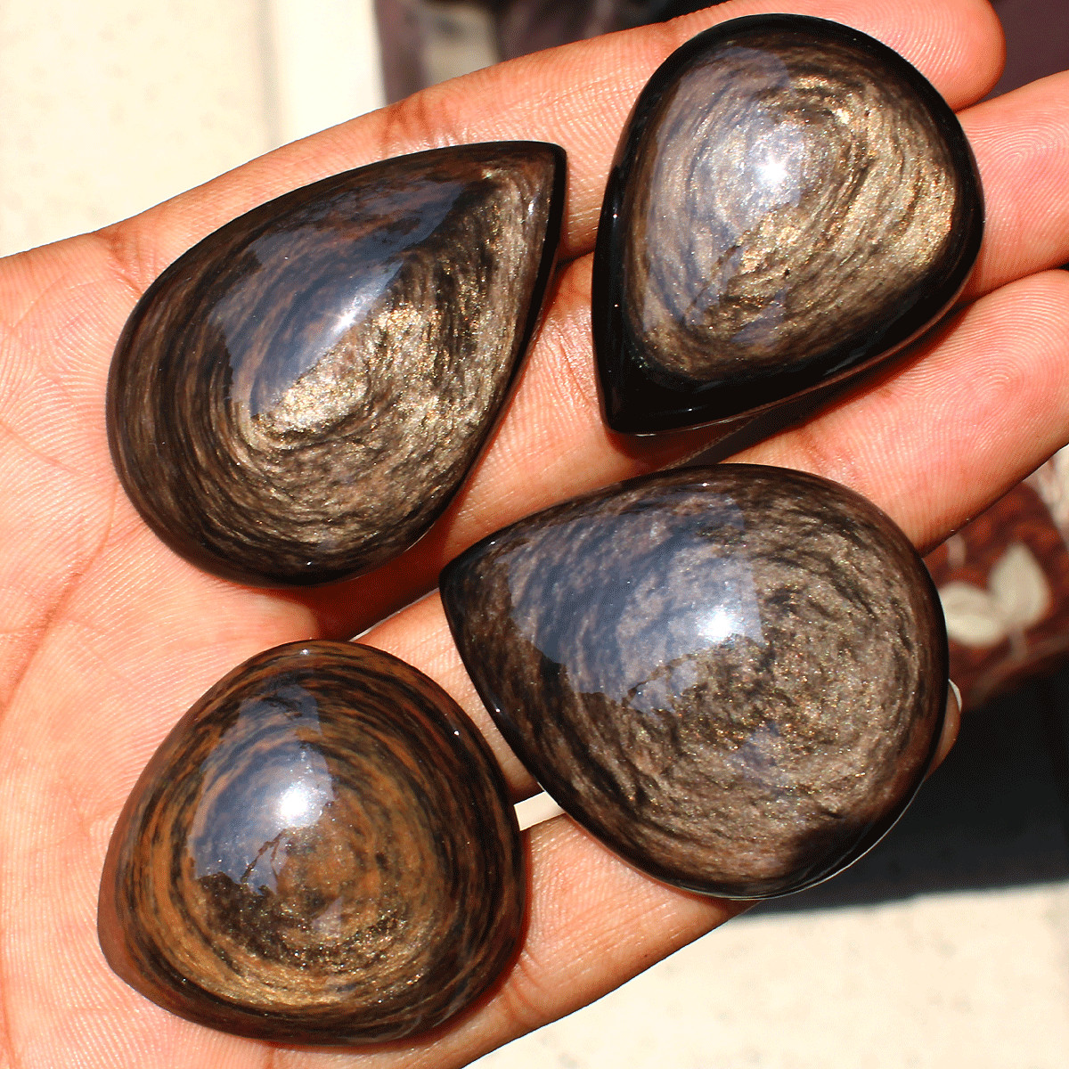 4 Pcs Natural Eye Of Copper Obsidian High Quality Teardrop Crystal Palmstones