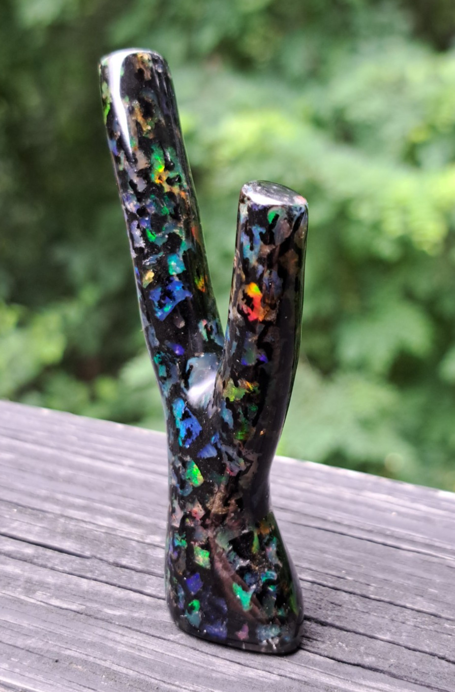 Huge Multicolor Indonesian Wood Opal Fossil Inlaid Mosaic Branch Stands Up