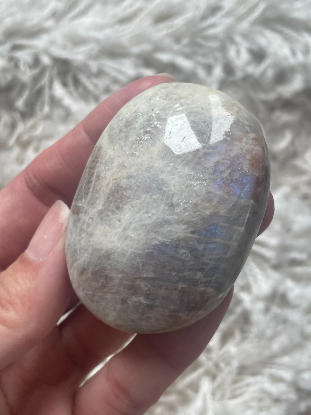 Rainbow Moonstone with Sunstone Palmstone, Medium – Blue & Silver Flashes (MZ)