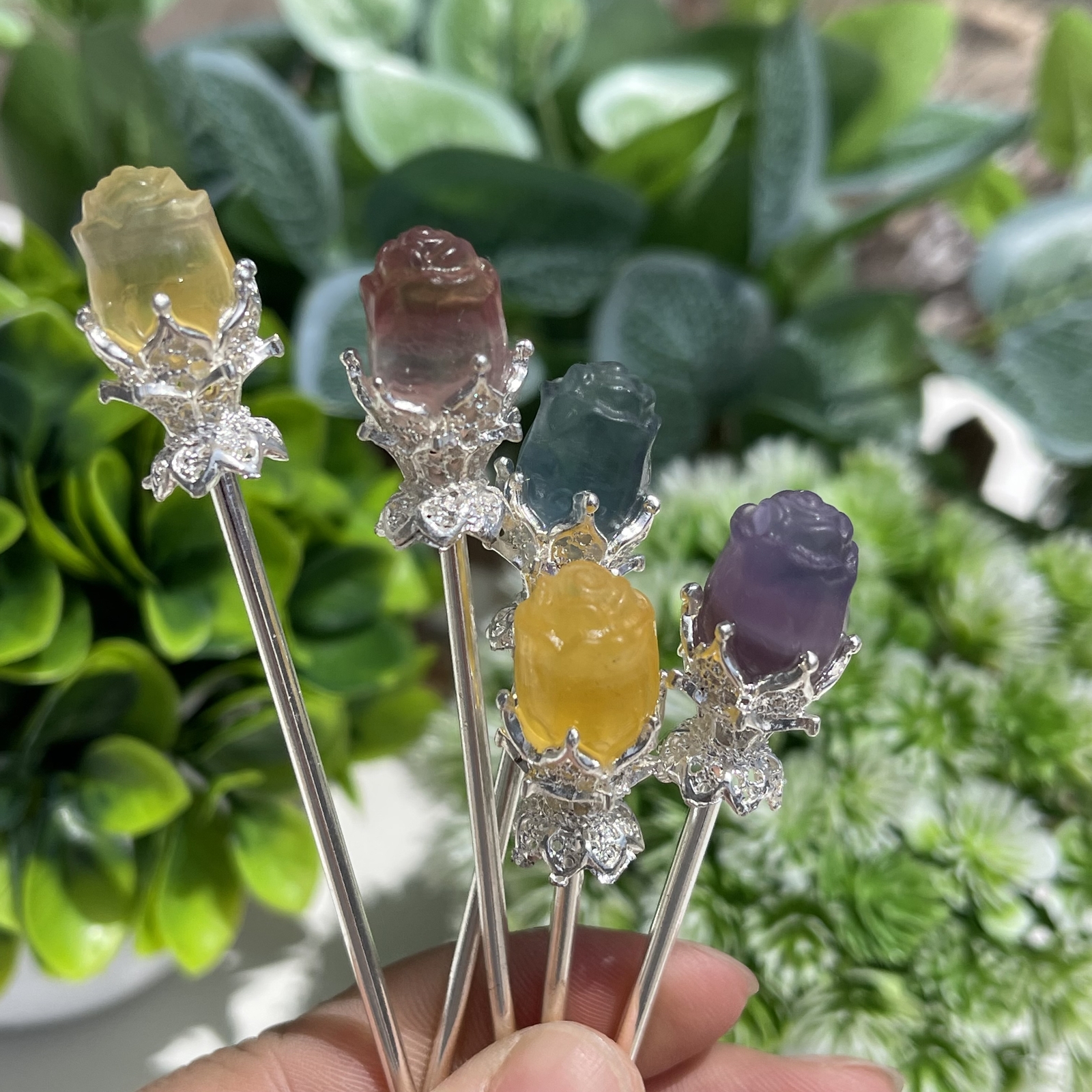 5pc Natural fluorite carved rose hairpin quartz crystal reiki healing random