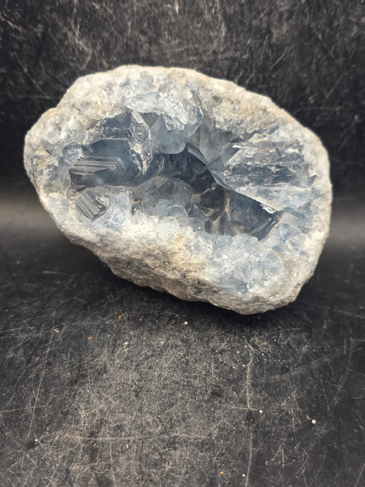 Blue calcite geode! 1.8 pounds, 3.7 inches long, 2.5 inches wide