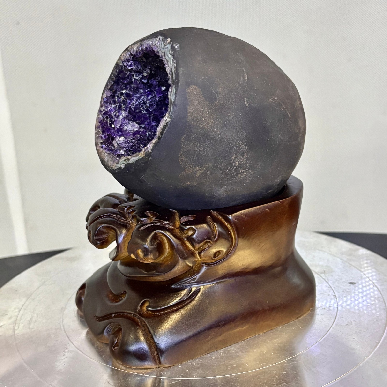 3.52LB Natural uruguay amethyst geode quartz money bag crystal +stand