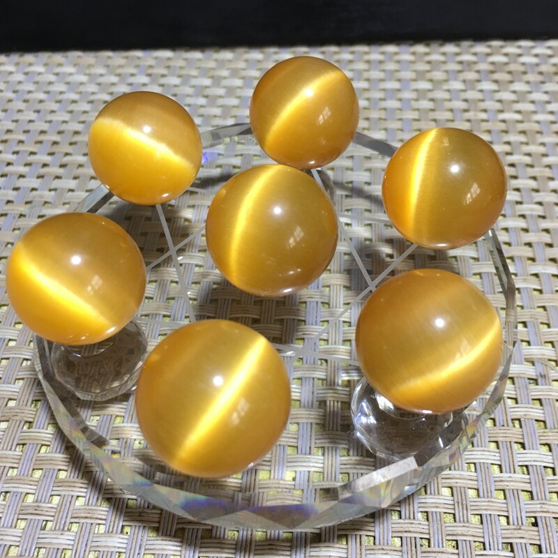 7pcs 20mm Grade A yellow Glass cat’s eye ball Sphere healing crystal +base r608