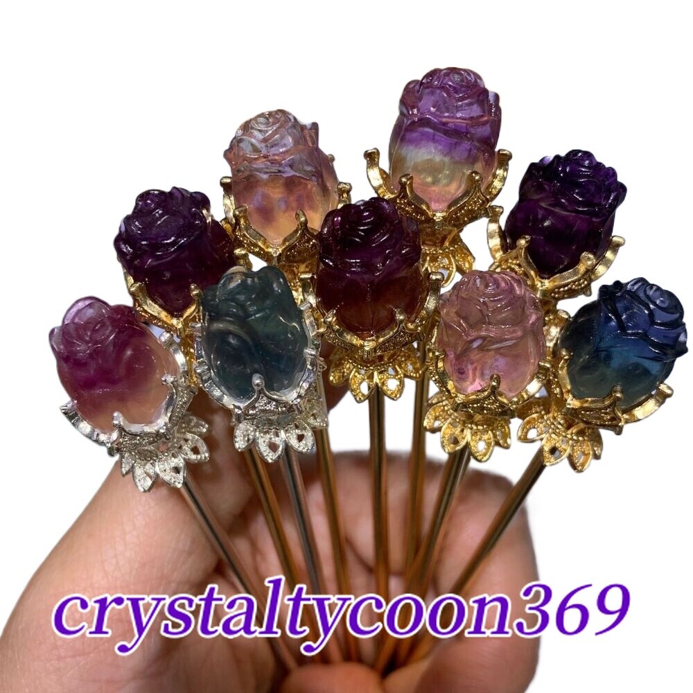 5pc Natural Fluorite Rose Flower Skull Carving Quartz Crystal Reiki Healing