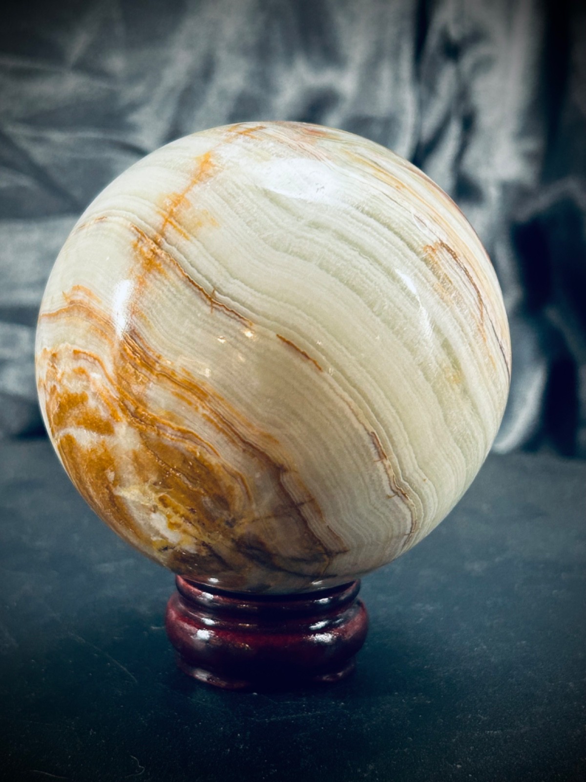 2.95″ Banded Calcite (Green Banded Onyx) Sphere with Wood Stand 1lb 5oz