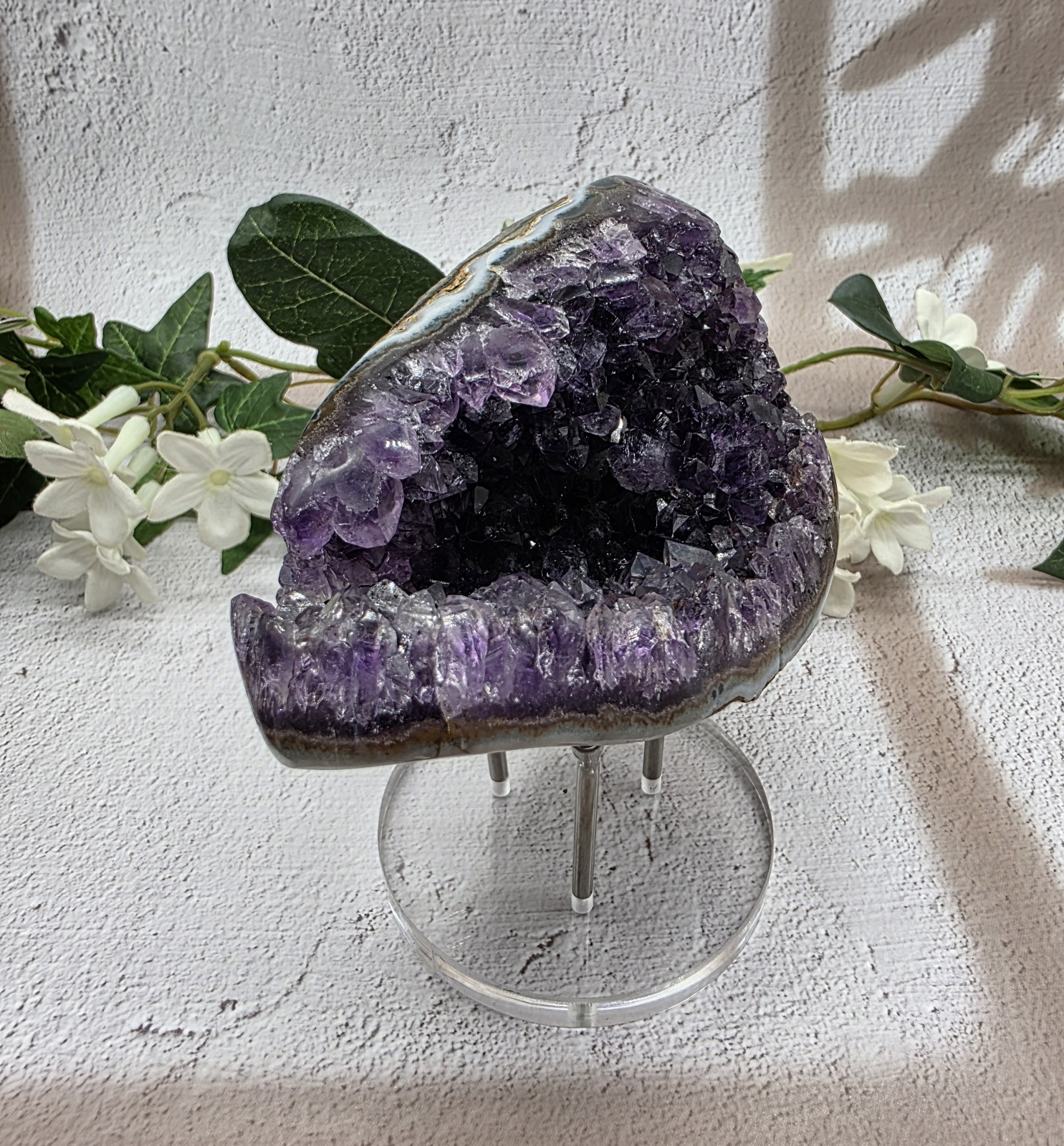 Uruguay Amethyst Druzy Geode Crystal Specimen w/ Acrylic Display Stand 1 Lb 6.6