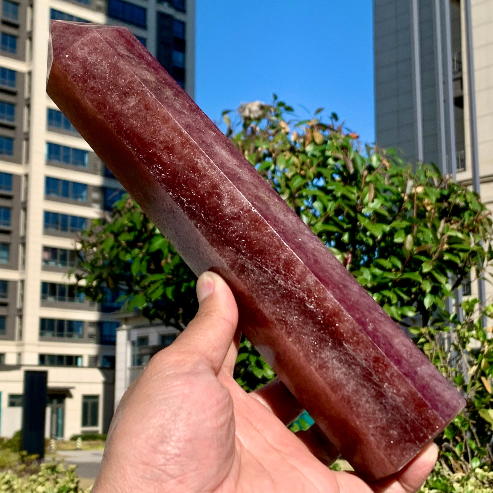 2.02LB Natural Large Strawberry Quartz Crystal Tower Point Obelisk Red Chakras