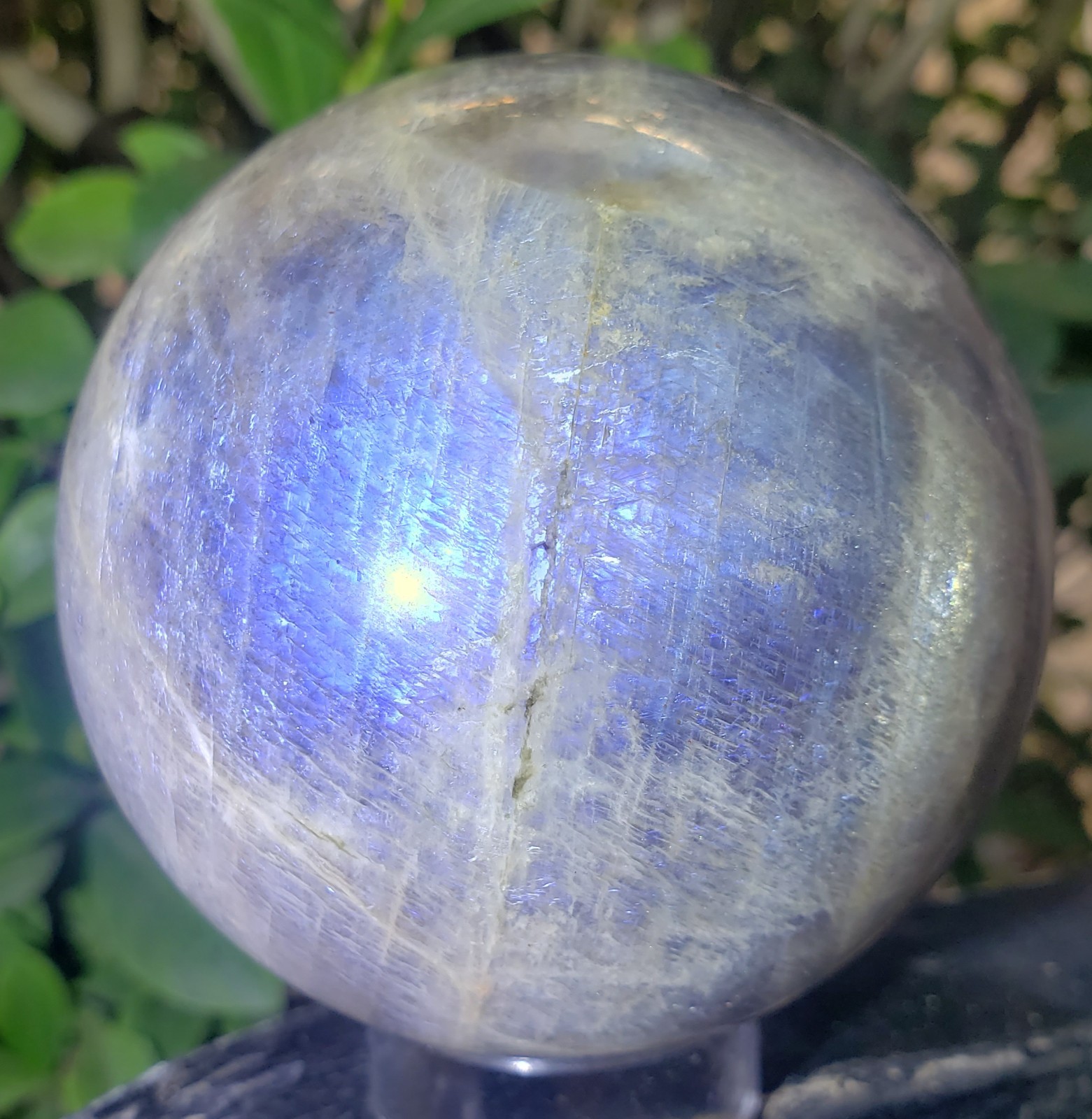 2.9″ Iridescent Black Moonstone Sunstone Sphere, Blue Flash Crystal Orb, 548g