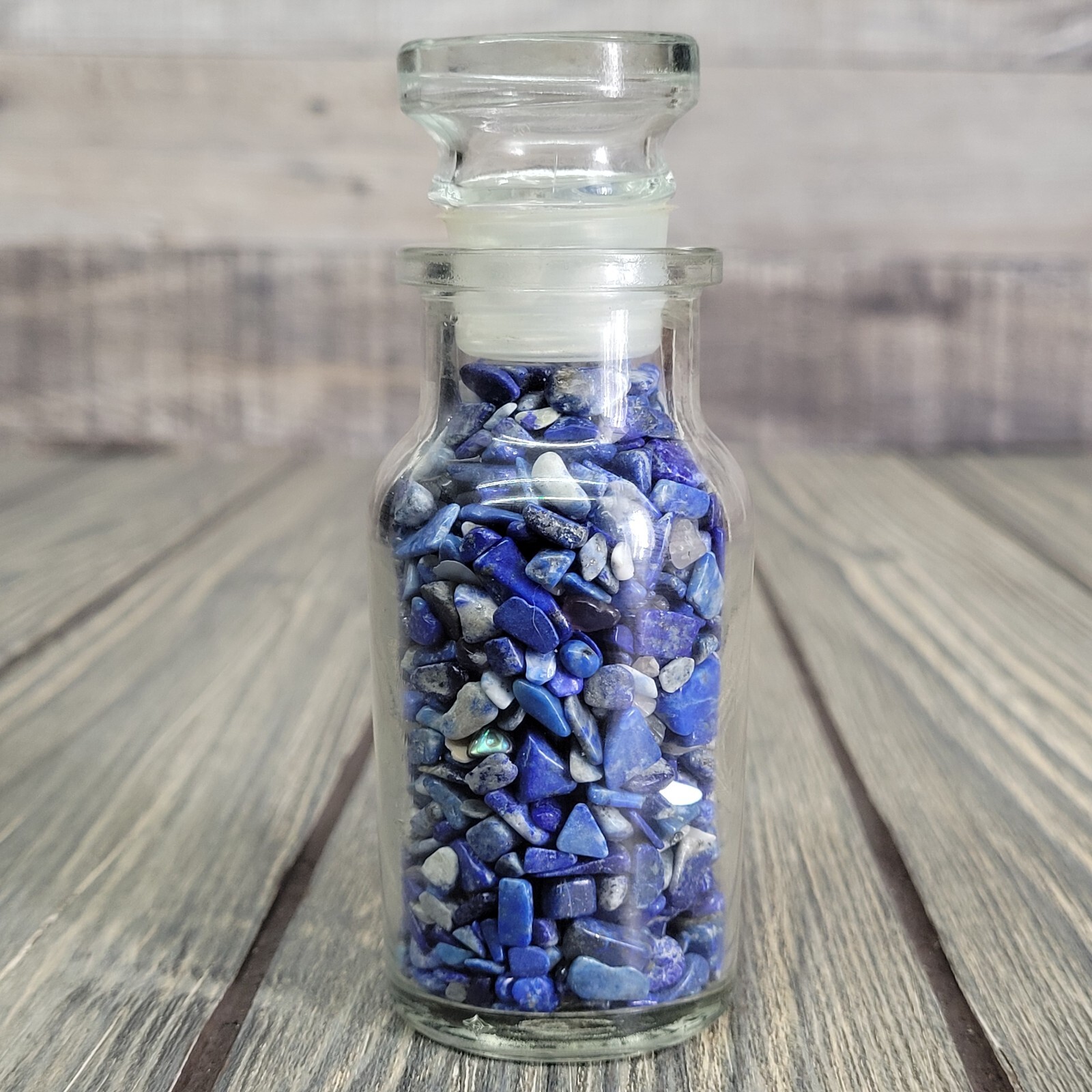 Lapis Lazuli Crystal Chips 4oz in Vintage Apothecary Glass Spice Jar Tumbled EUC