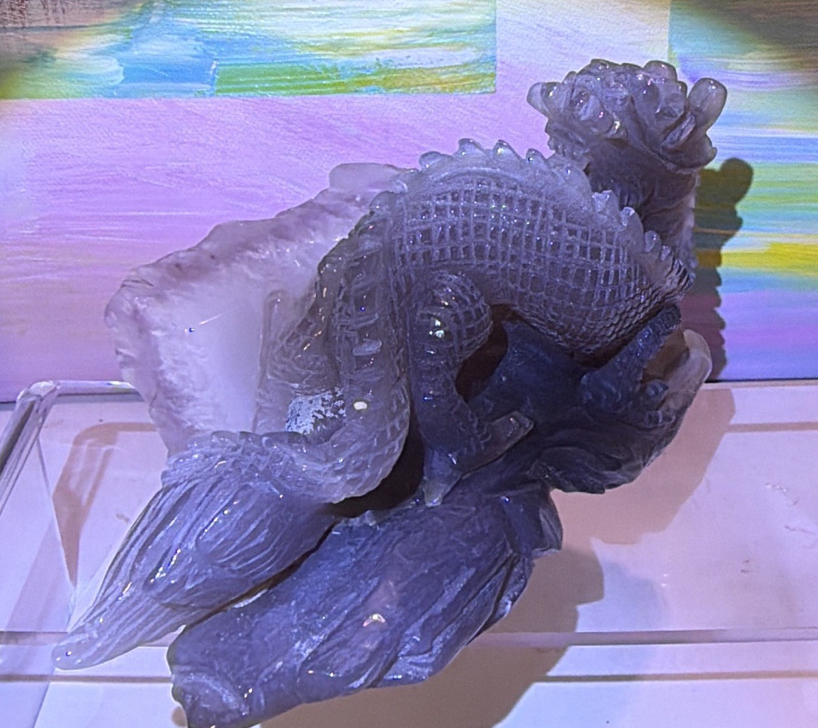 Carved Dragon Figure on Quartz Crystal Cluster Base Decorator Piece, 6 in